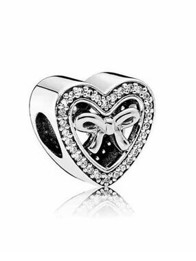 Pandora Silver Heart Charm with Bow and Clear Stones